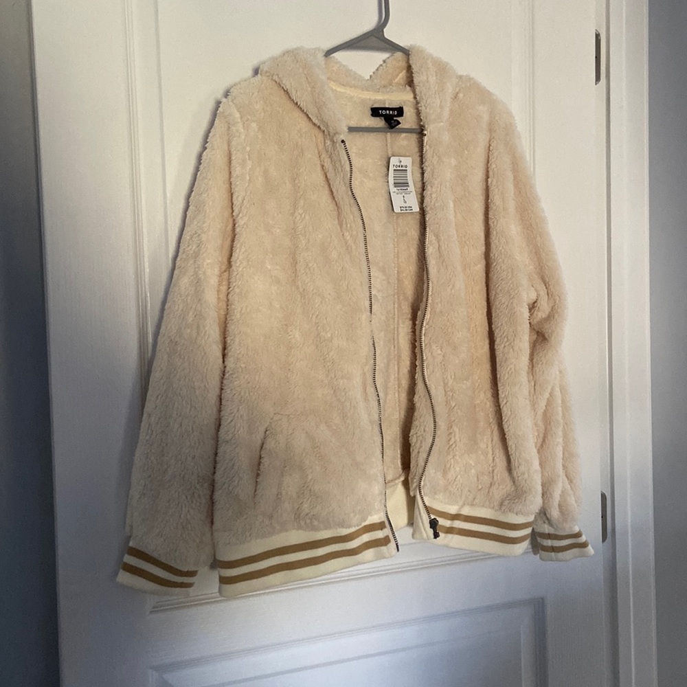 Cream Torrid Zip-Up Fuzzy Bomber Jacket